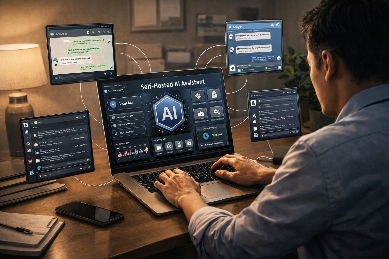 Ilustrasi manusia menggunakan OpenClaw sebagai AI assistant multi channel