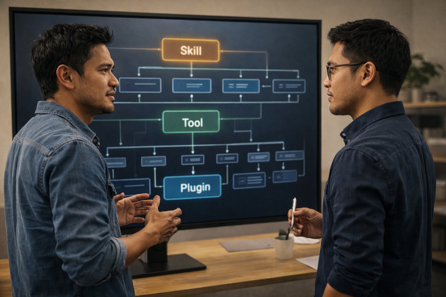 Visual perbedaan skill, tool, dan plugin di OpenClaw.