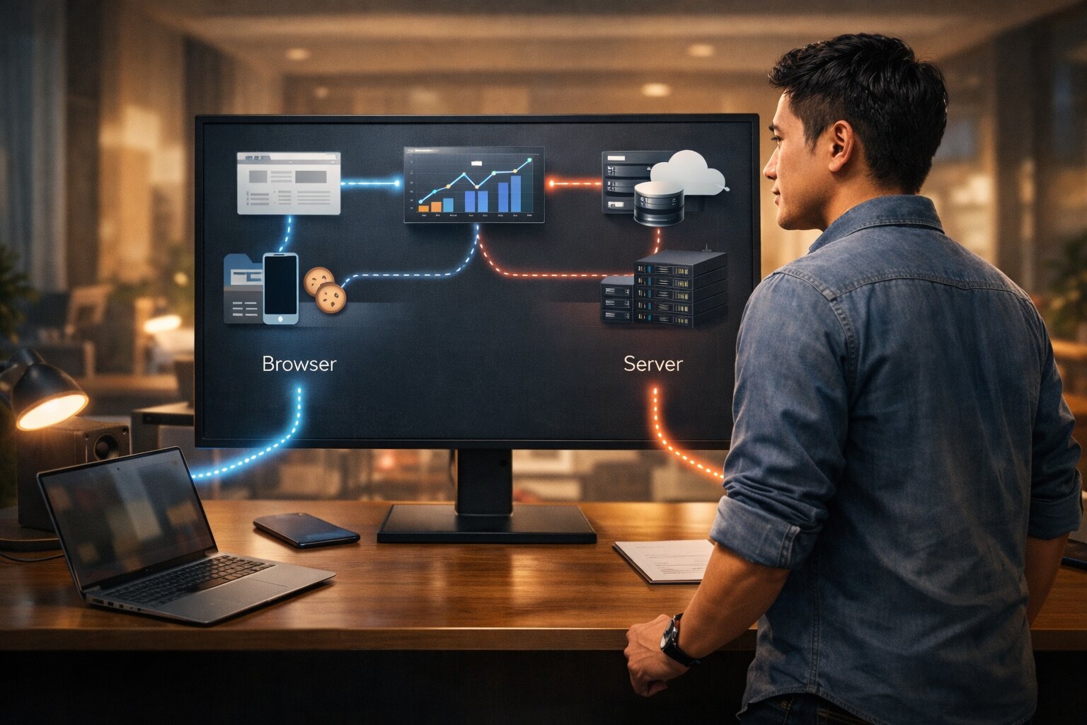 Ilustrasi perbedaan TikTok Pixel dari browser dan Events API dari server dalam tracking website