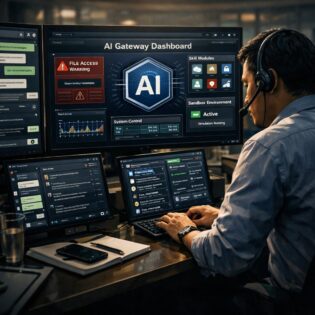 Ilustrasi manusia meninjau keamanan OpenClaw dengan dashboard chat, akses data, dan kontrol sistem