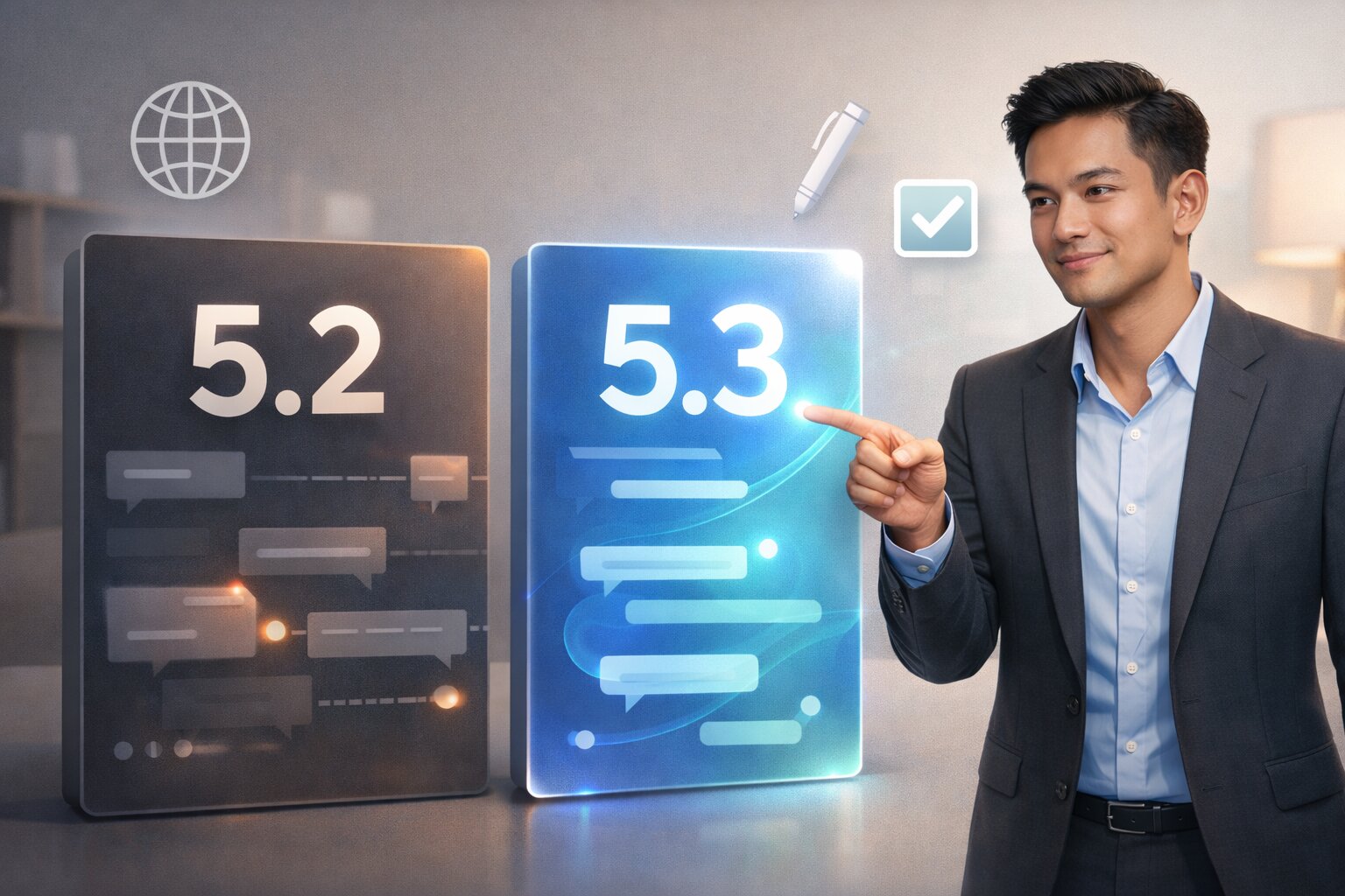 Ilustrasi perbedaan GPT-5.3 Instant dan GPT-5.2 Instant pada alur, web, dan penulisan.