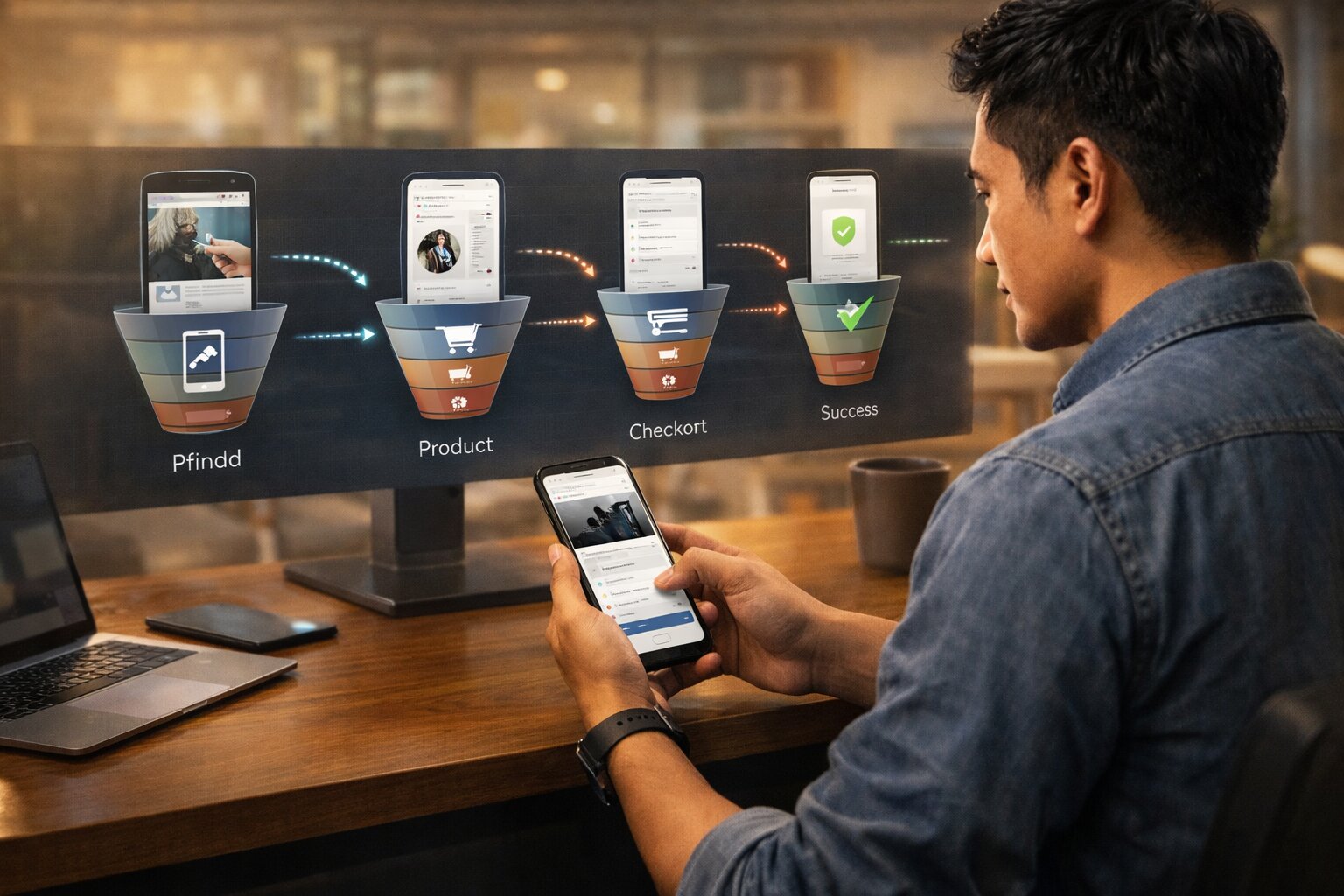 Ilustrasi alur klik iklan TikTok hingga pembelian di website dengan tracking konversi