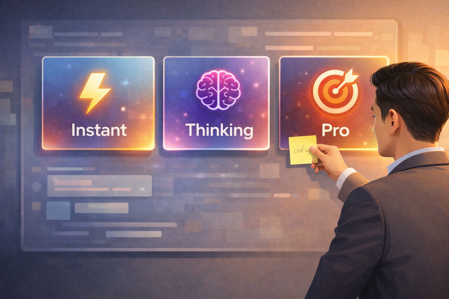 Ilustrasi memilih antara Instant, Thinking, dan Pro di ChatGPT.