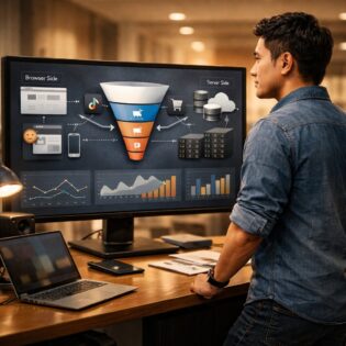Ilustrasi marketer dan developer memeriksa TikTok Pixel dan Events API di dashboard website untuk tracking konversi