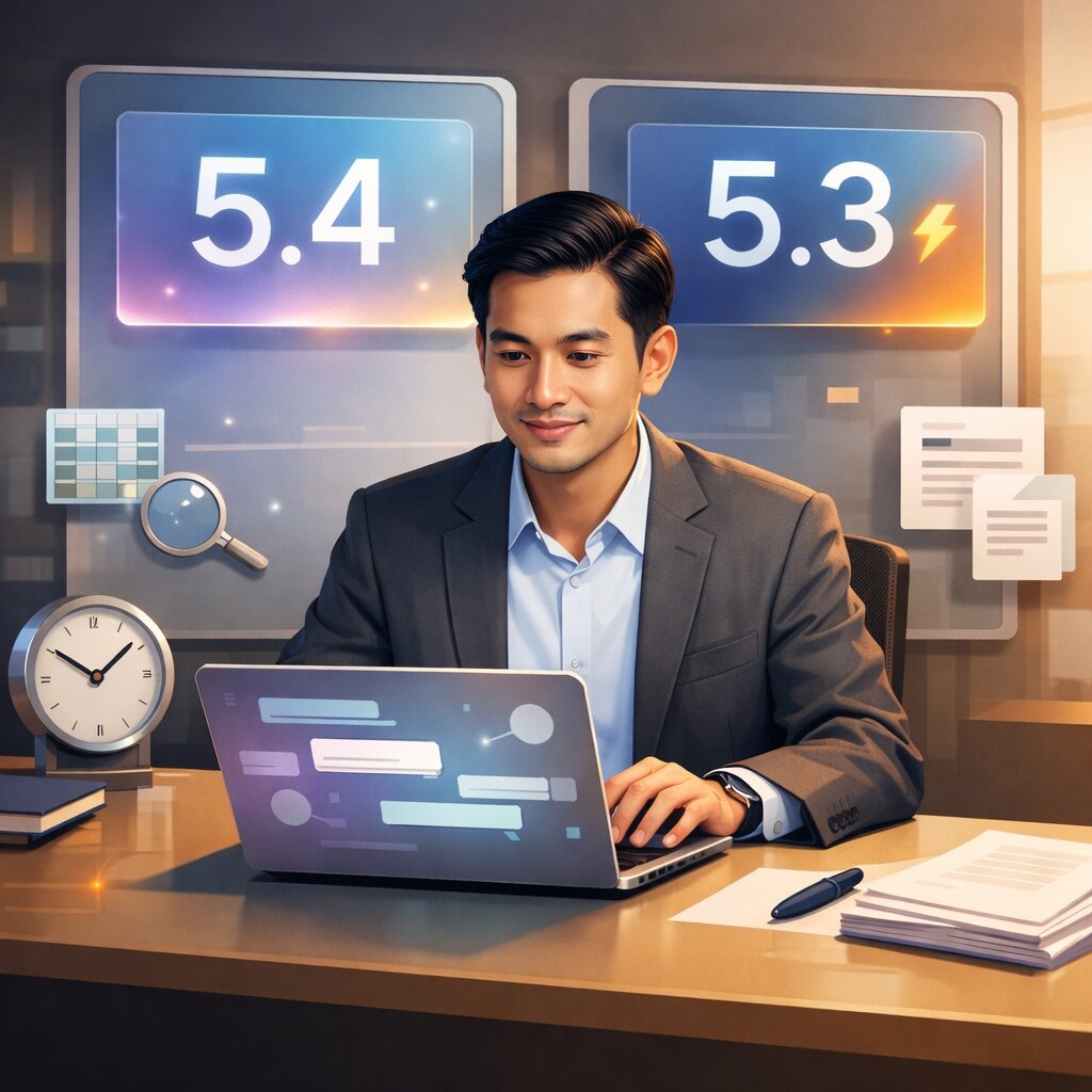 Ilustrasi profesional Indonesia membandingkan GPT-5.4 dan GPT-5.3 Instant di ChatGPT.