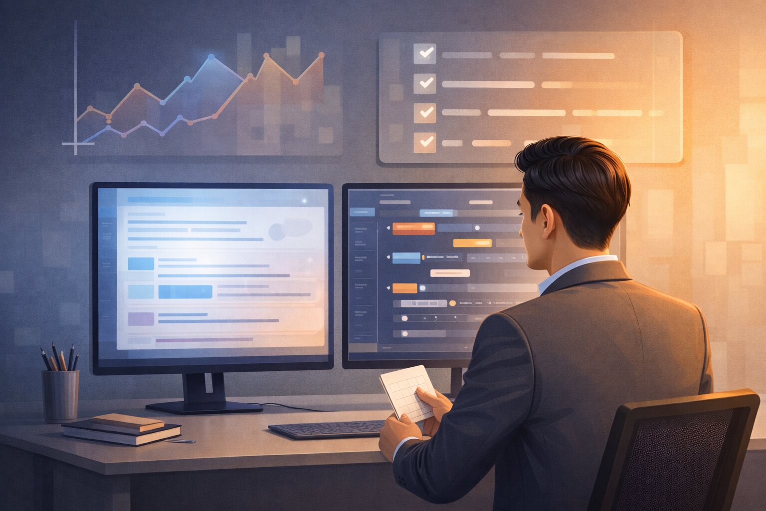 Ilustrasi orang bekerja dengan AI untuk menyelesaikan tugas knowledge work.