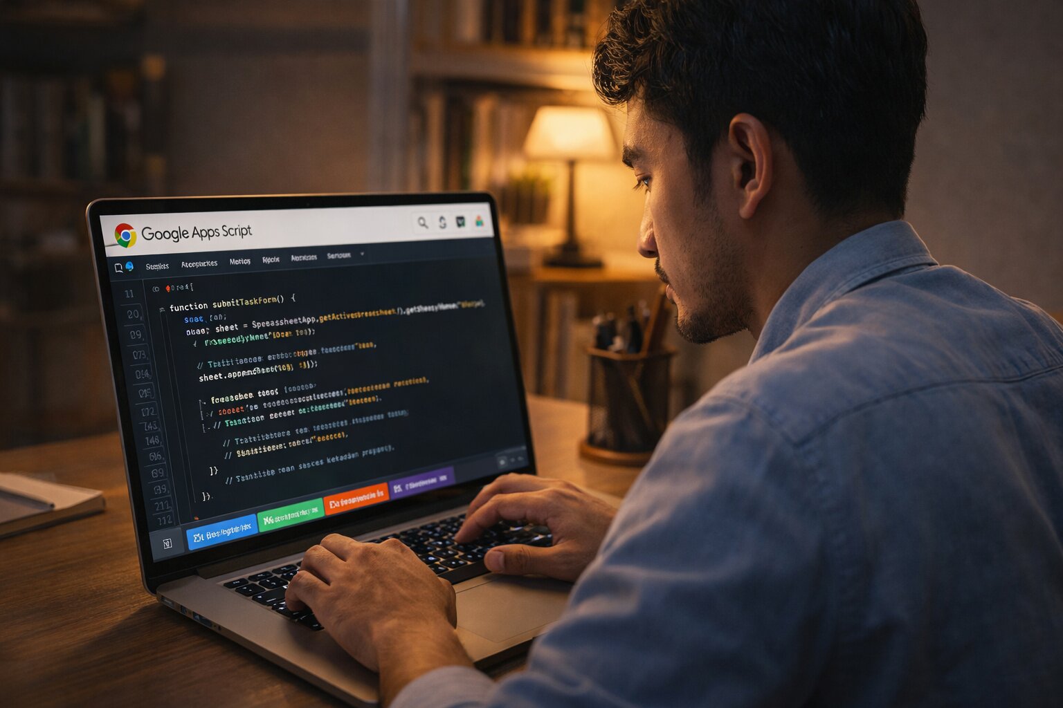 Developer Indonesia menulis kode JavaScript di editor Google Apps Script untuk otomatisasi Google Sheets