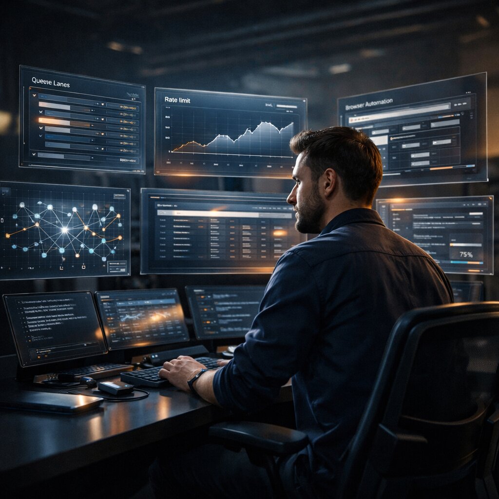 OpenClaw operator monitoring rate limits, queue concurrency, proxy routing, and large dataset extraction across multiple screens
