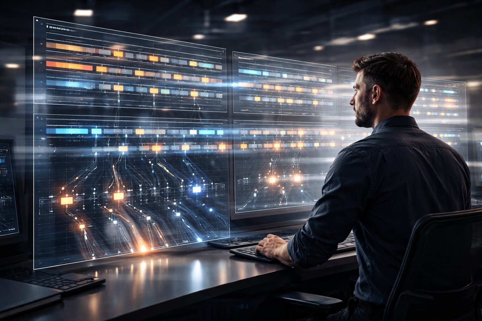 Engineer observing parallel queue lanes and session level task flow in an AI orchestration system