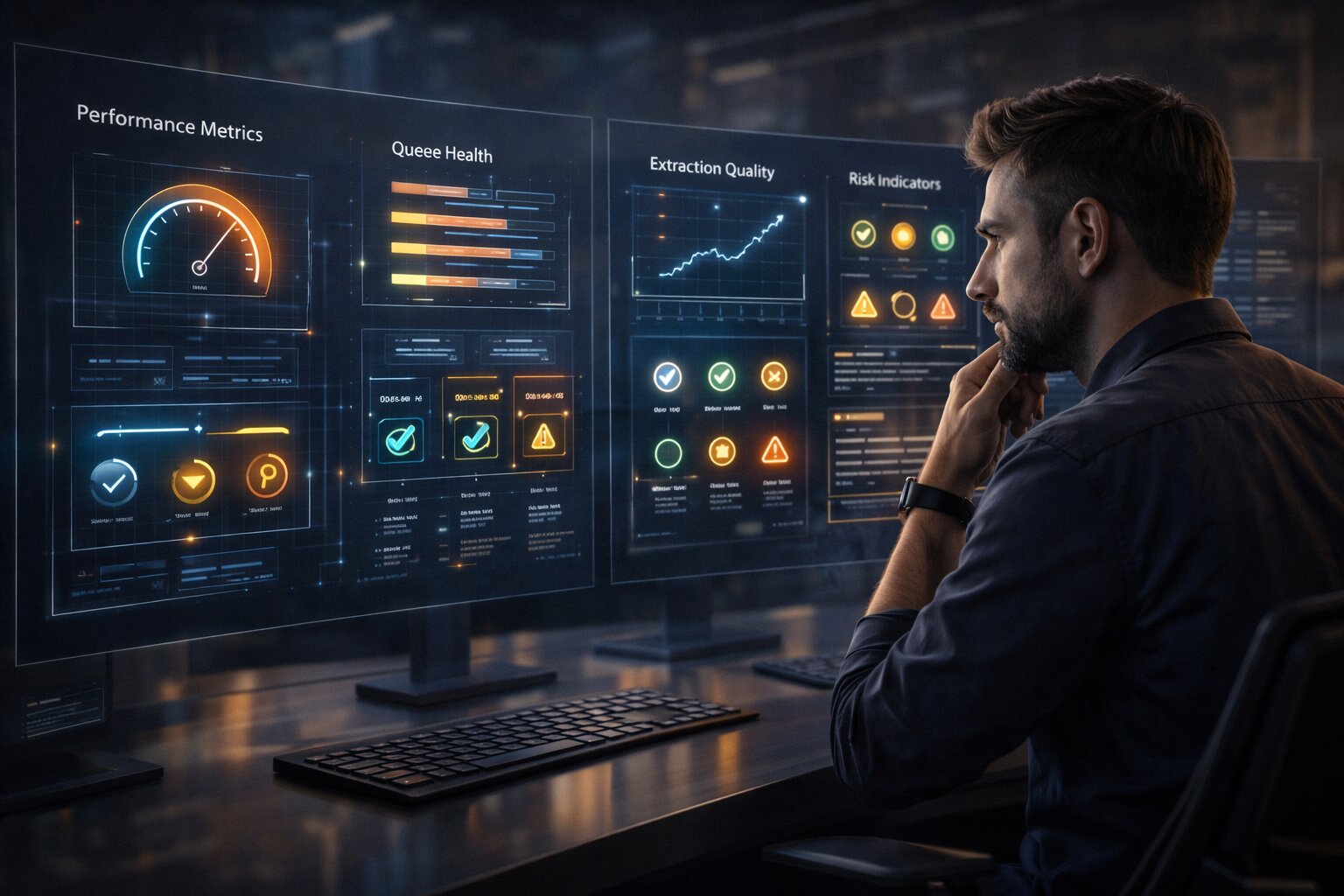 Human reviewer assessing production readiness of an AI orchestration platform with stability and performance indicators