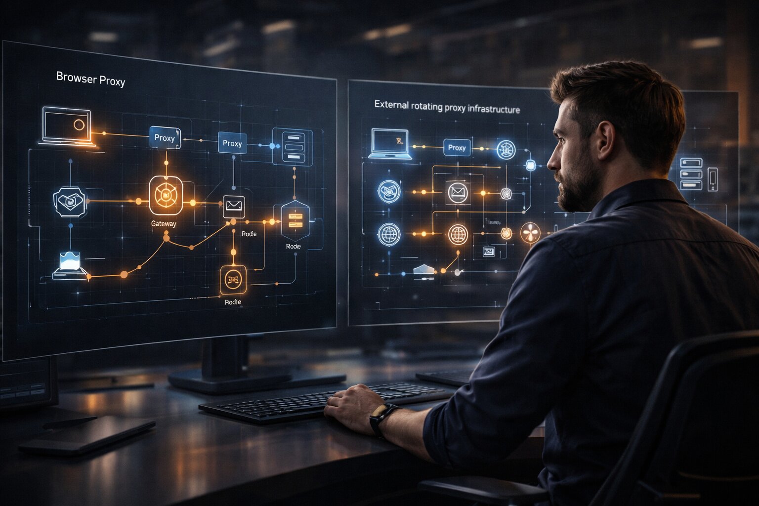 Technical operator comparing browser proxy routing and external scraping proxy layers in an AI workflow