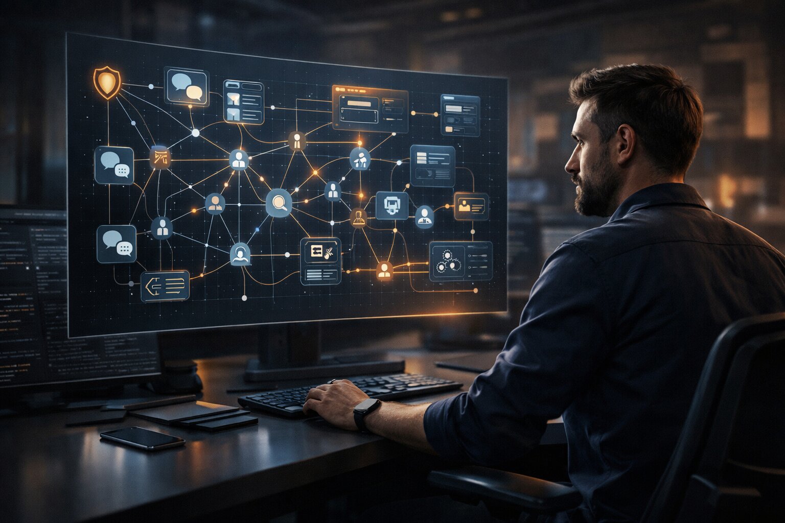 Human operator reviewing OpenClaw architecture with connected chat apps, tools, and agent workflows