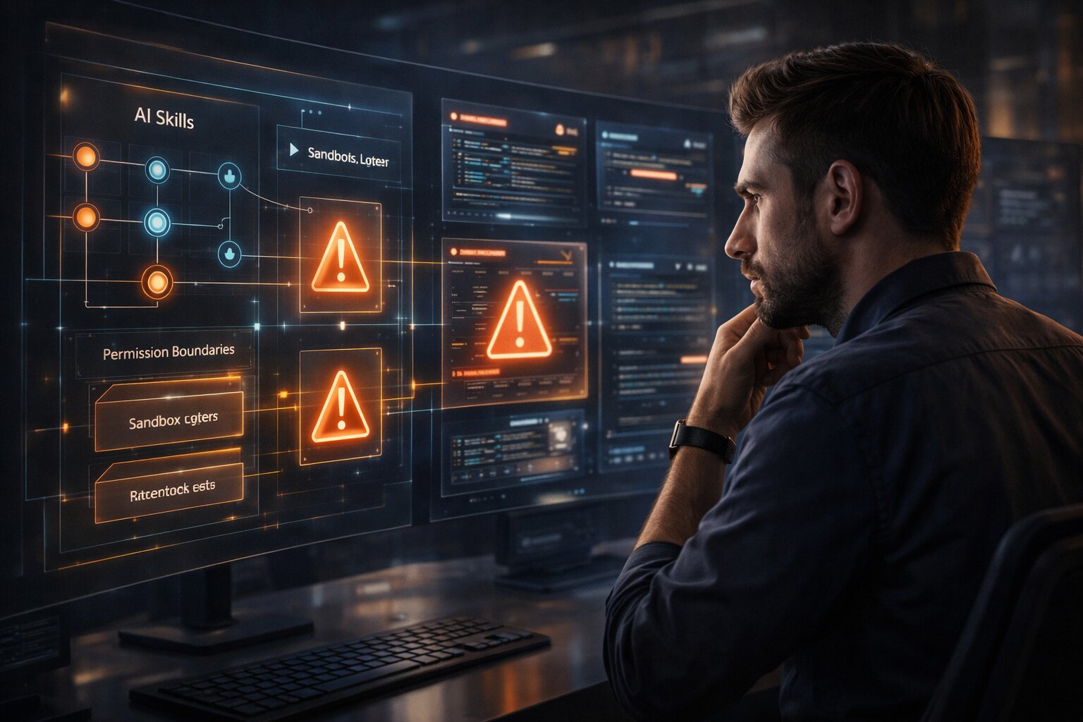 Security focused operator reviewing AI skills, permissions, and threat surfaces in a self hosted agent system