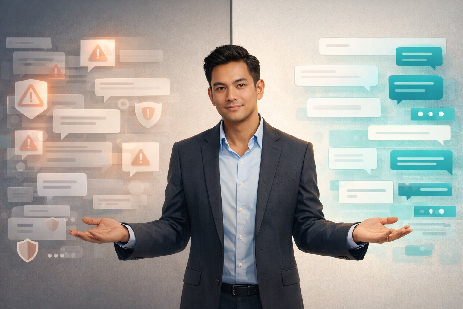 Ilustrasi perbandingan pengalaman percakapan sebelum dan sesudah GPT-5.3 Instant.