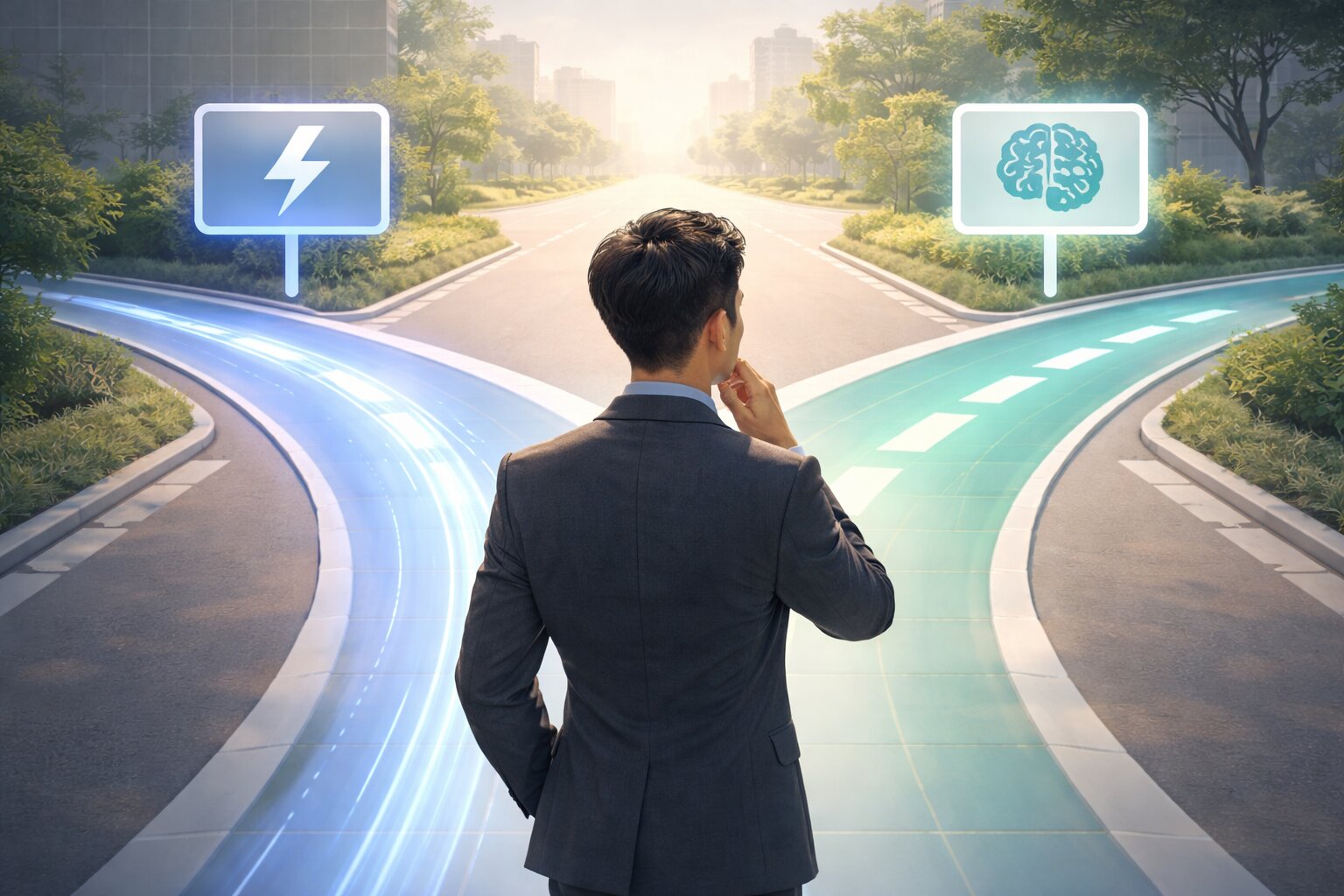 Ilustrasi memilih GPT-5.3 Instant atau model Thinking, sesuai kebutuhan tugas.