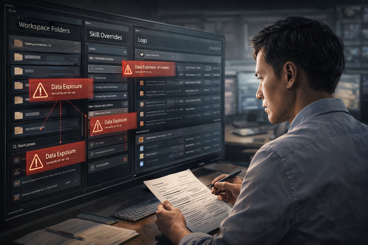 Ilustrasi manusia memeriksa kebocoran data dari sistem OpenClaw dan workspace