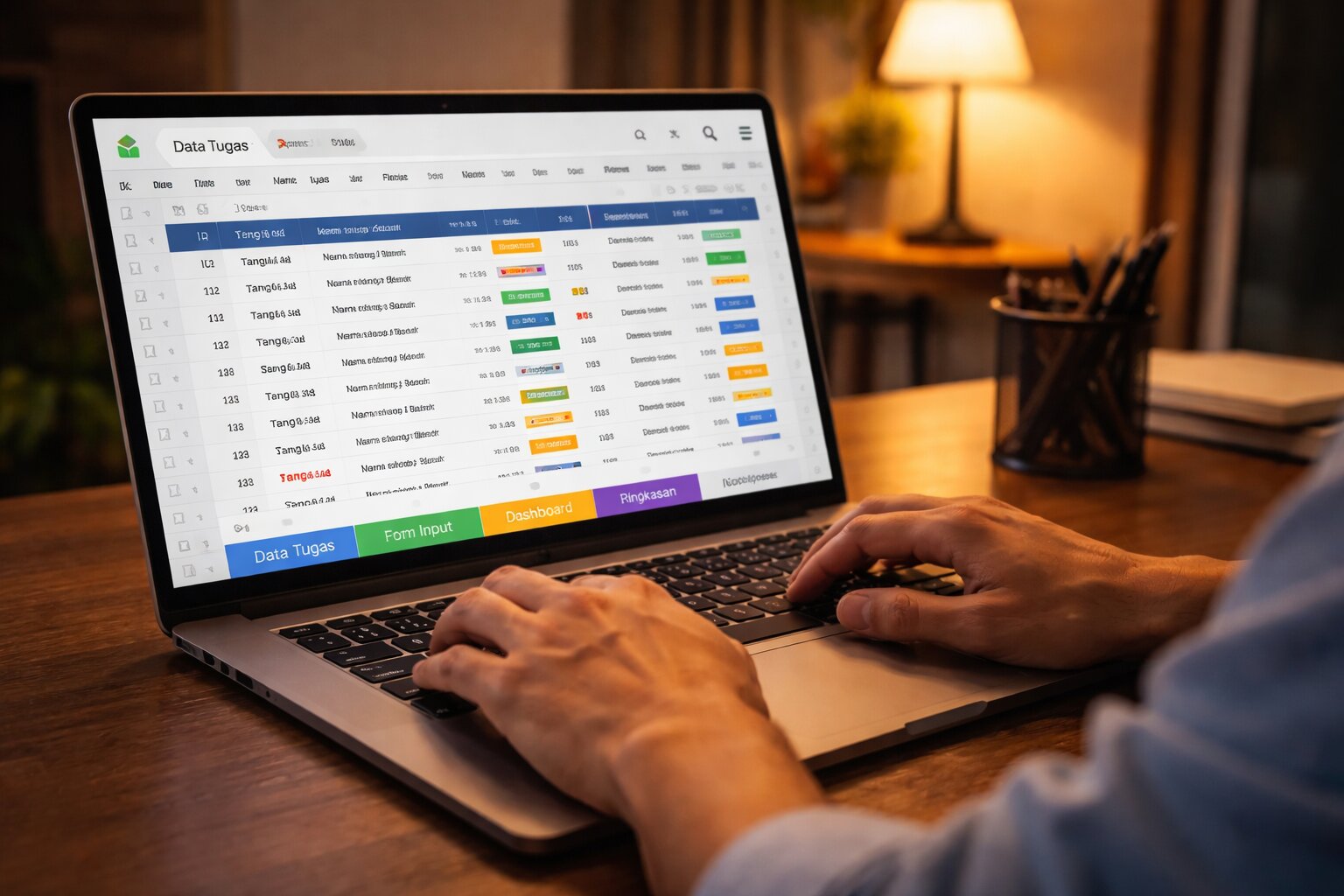 Tampilan Google Sheets dengan beberapa tab sheet berwarna untuk sistem dashboard tracking proyek