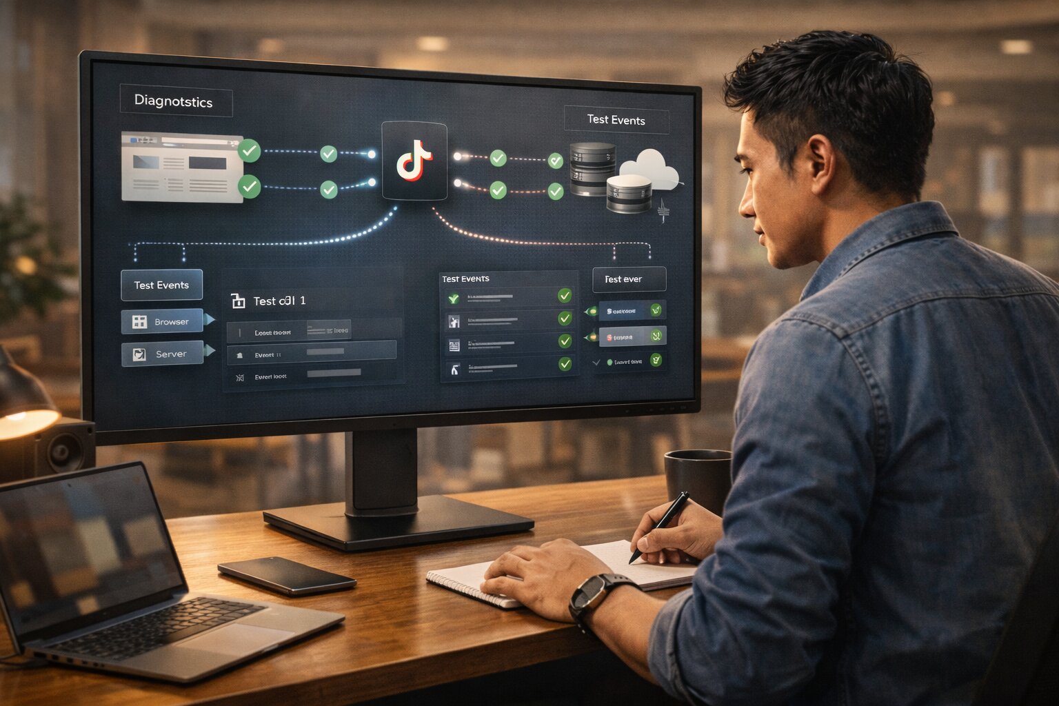 Ilustrasi verifikasi TikTok Pixel dan Events API menggunakan test events dan diagnostics