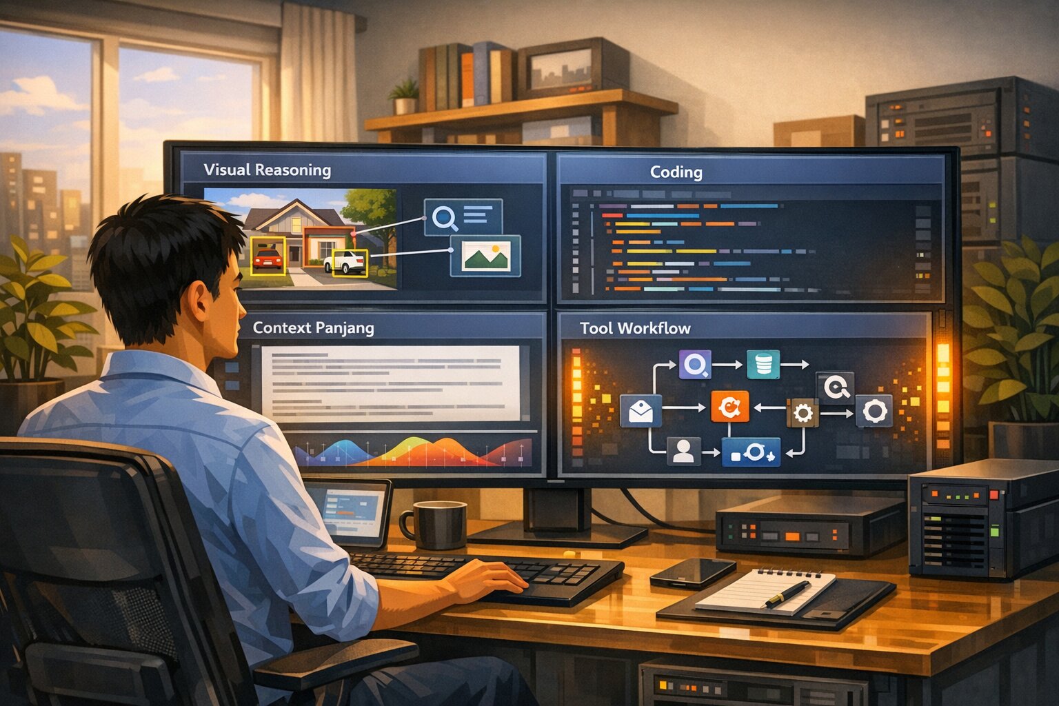 Ilustrasi vektor Gemma 4 sebagai model AI lokal untuk workflow kerja modern