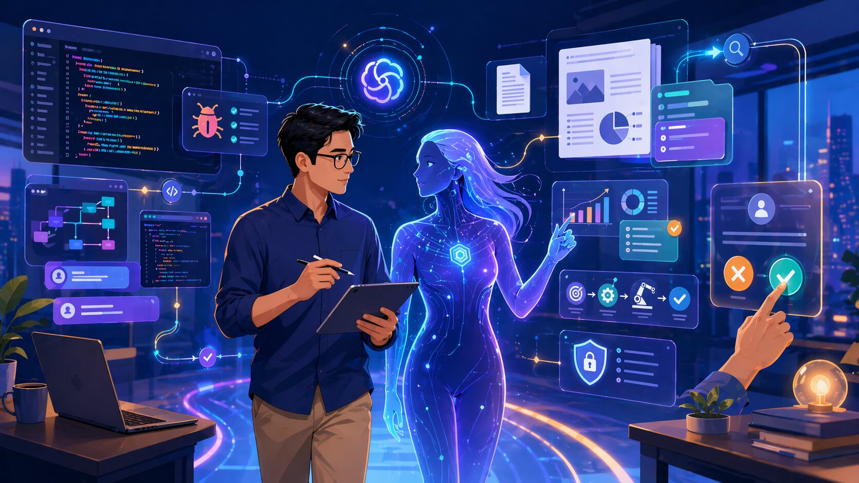 Ilustrasi arah baru GPT-5.5 sebagai AI untuk workflow nyata dengan kontrol manusia