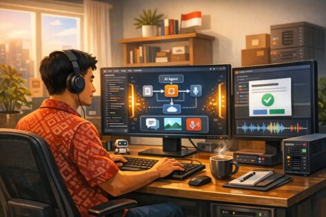 Ilustrasi vektor berwarna tentang developer menjalankan Gemma 4 lokal untuk coding, AI agent, dan multimodal
