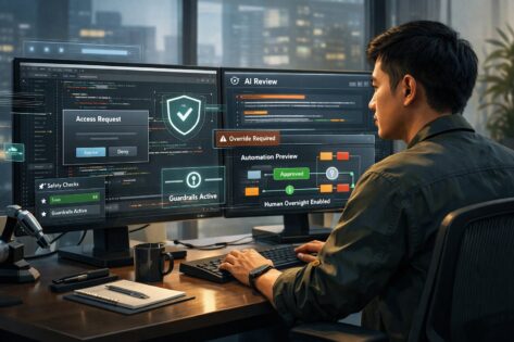 Ilustrasi editorial Claude Opus 4.7 untuk coding modern dengan guardrail dan review manual