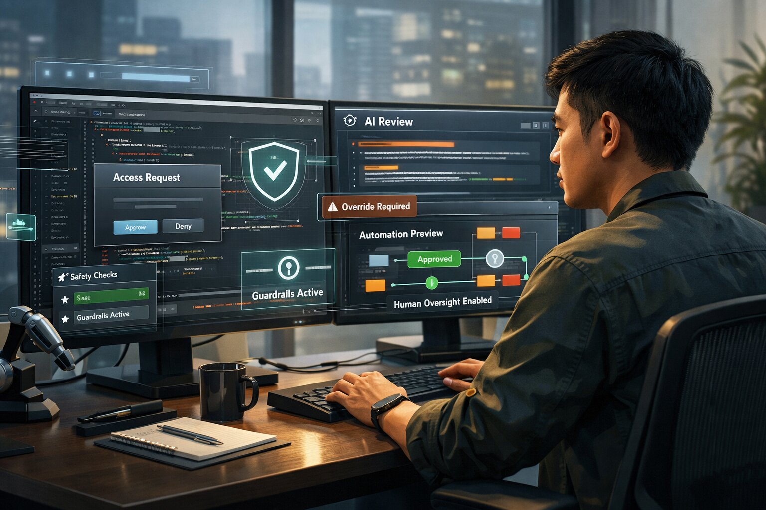 Ilustrasi editorial Claude Opus 4.7 untuk coding modern dengan guardrail dan review manual