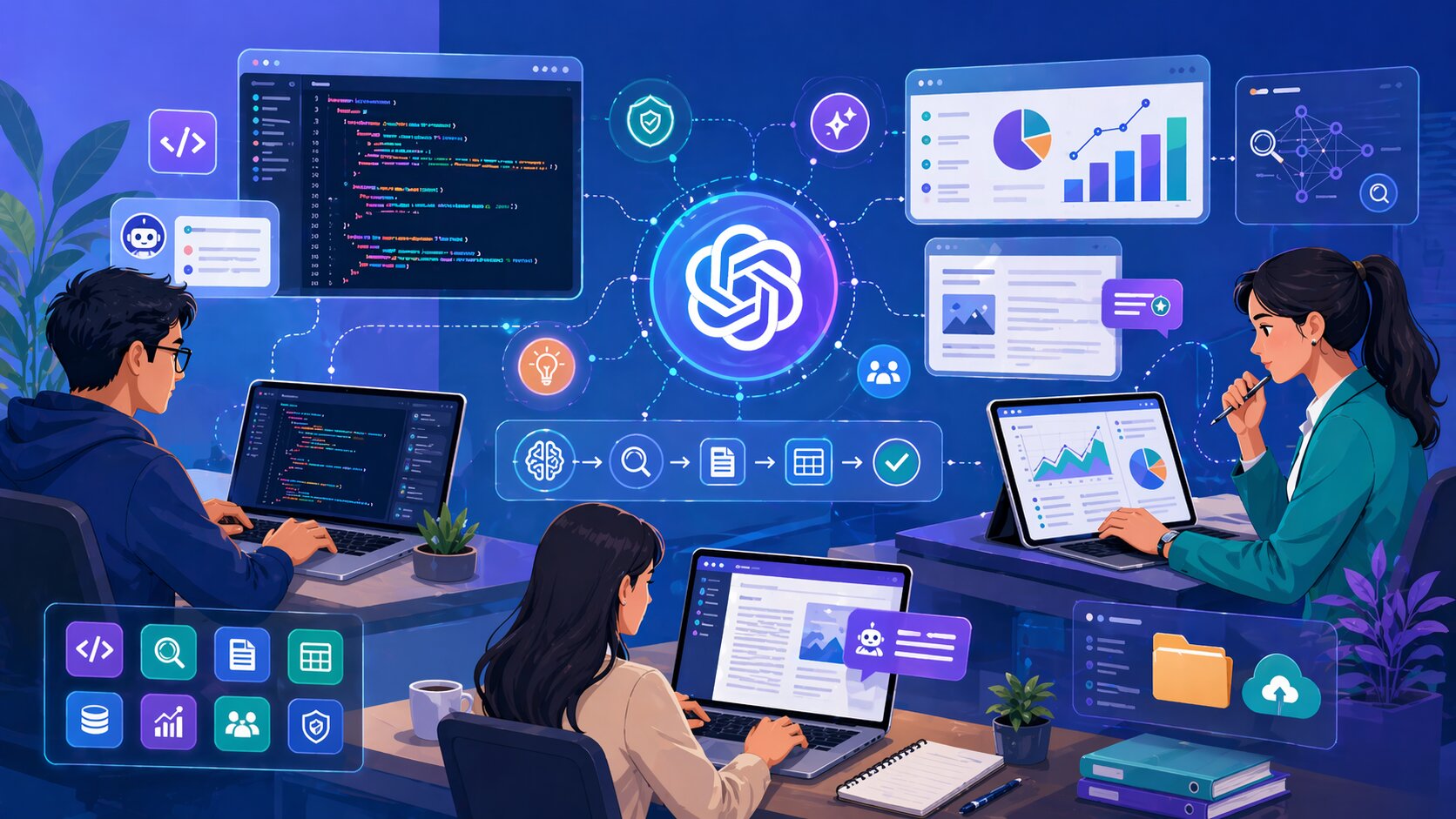 Ilustrasi fitur GPT-5.5 untuk coding, riset, analisis dokumen, dan pekerjaan nyata