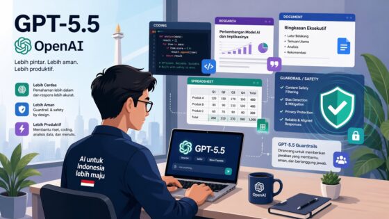 Ilustrasi GPT 5.5 OpenAI untuk coding, riset, dan kerja nyata dengan guardrail keamanan