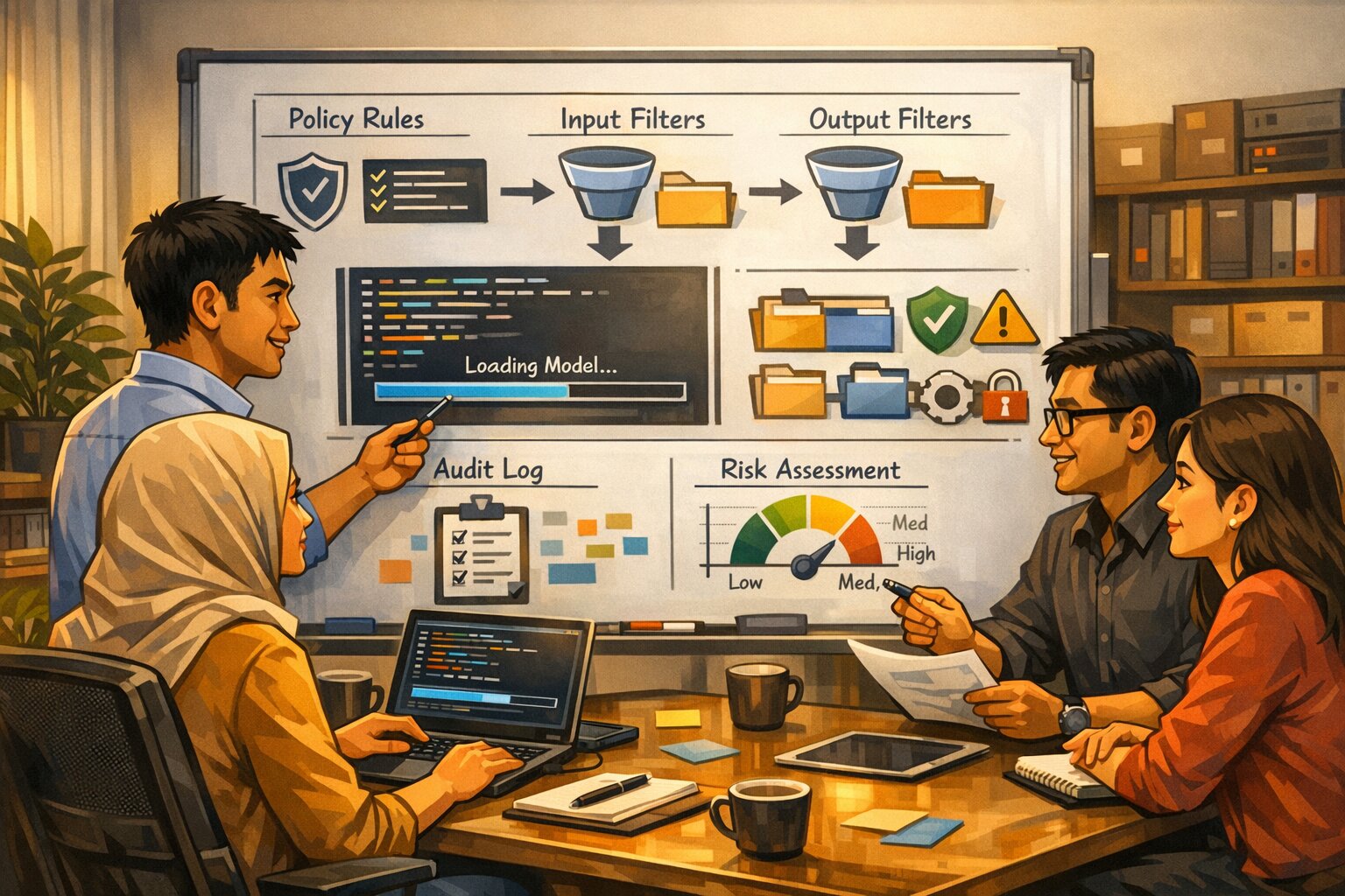 Ilustrasi vektor guardrail Gemma 4 untuk keamanan workflow AI