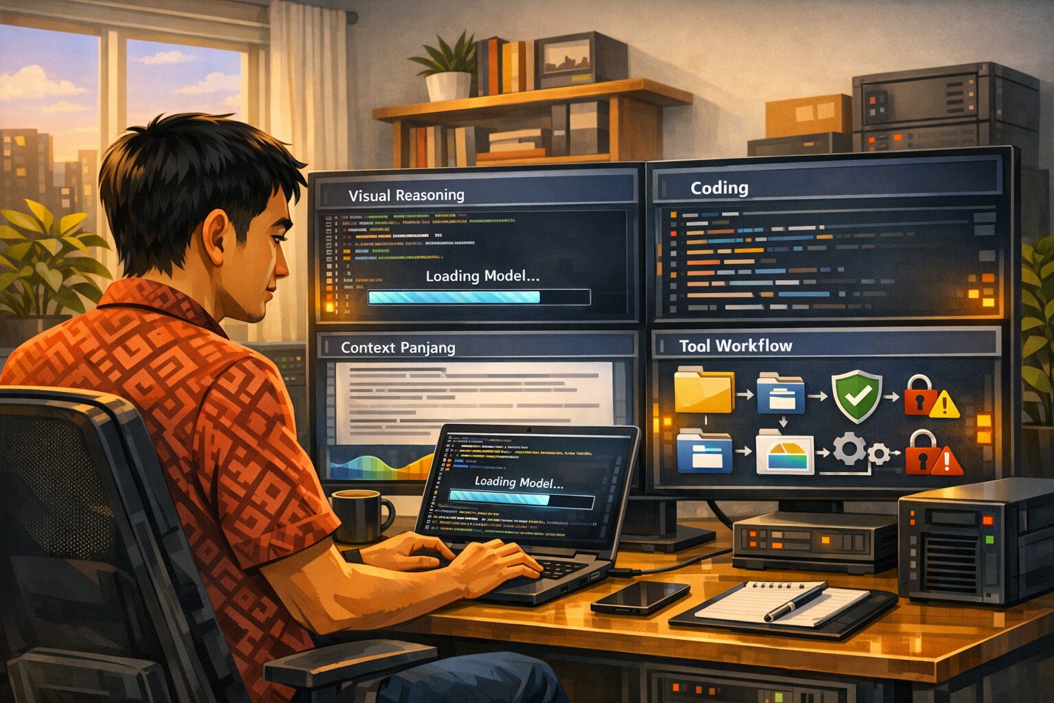 Ilustrasi vektor developer menyiapkan Gemma 4 lokal di laptop dan workstation