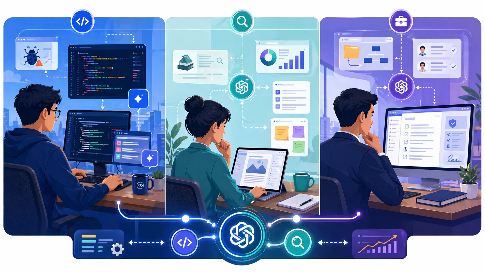 Ilustrasi tutorial praktis GPT 5.5 untuk debugging website, riset artikel, dan pembuatan SOP bisnis