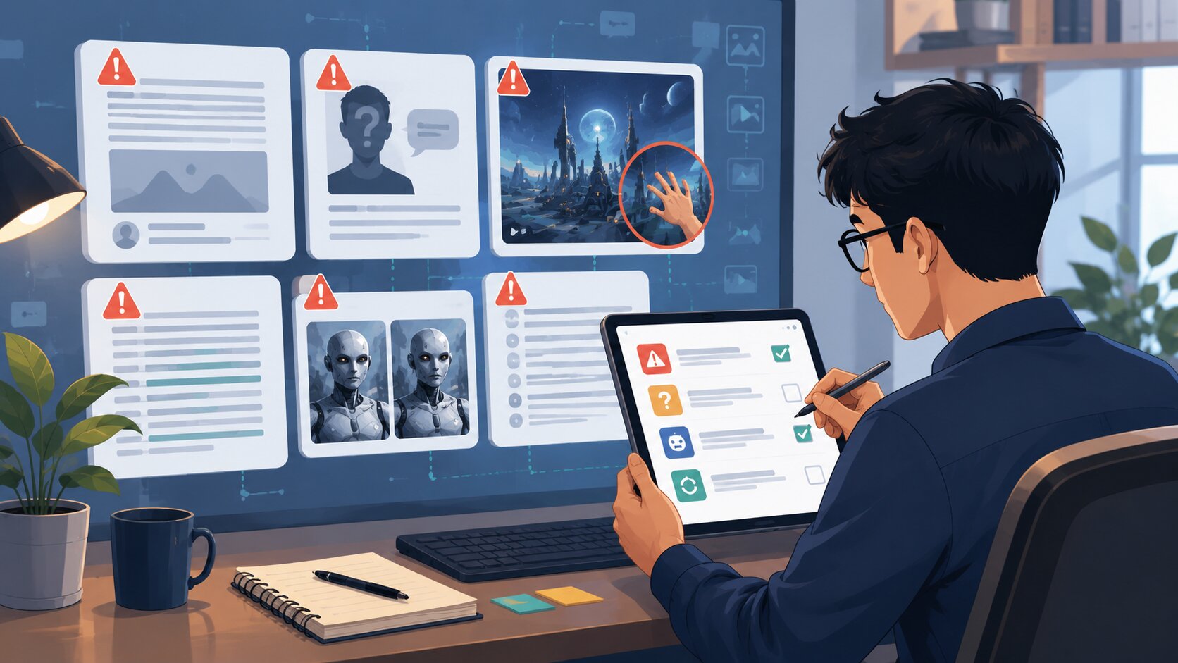 Ilustrasi checklist ciri-ciri konten AI slop yang harus dihindari