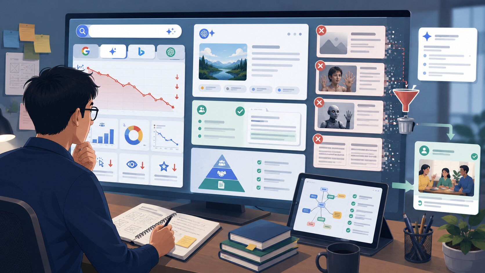 Ilustrasi dampak AI slop terhadap SEO, AI Overview, dan AI Search