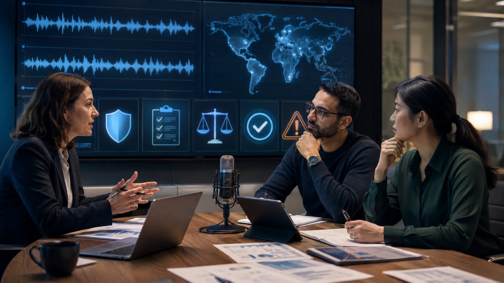 ElevenLabs voice cloning legal risks in 2026 with legal team reviewing AI audio compliance
